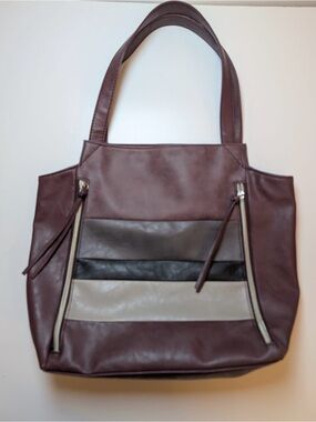 Relic Burgundy Shoulder Tote with Neutral Stripe Panels